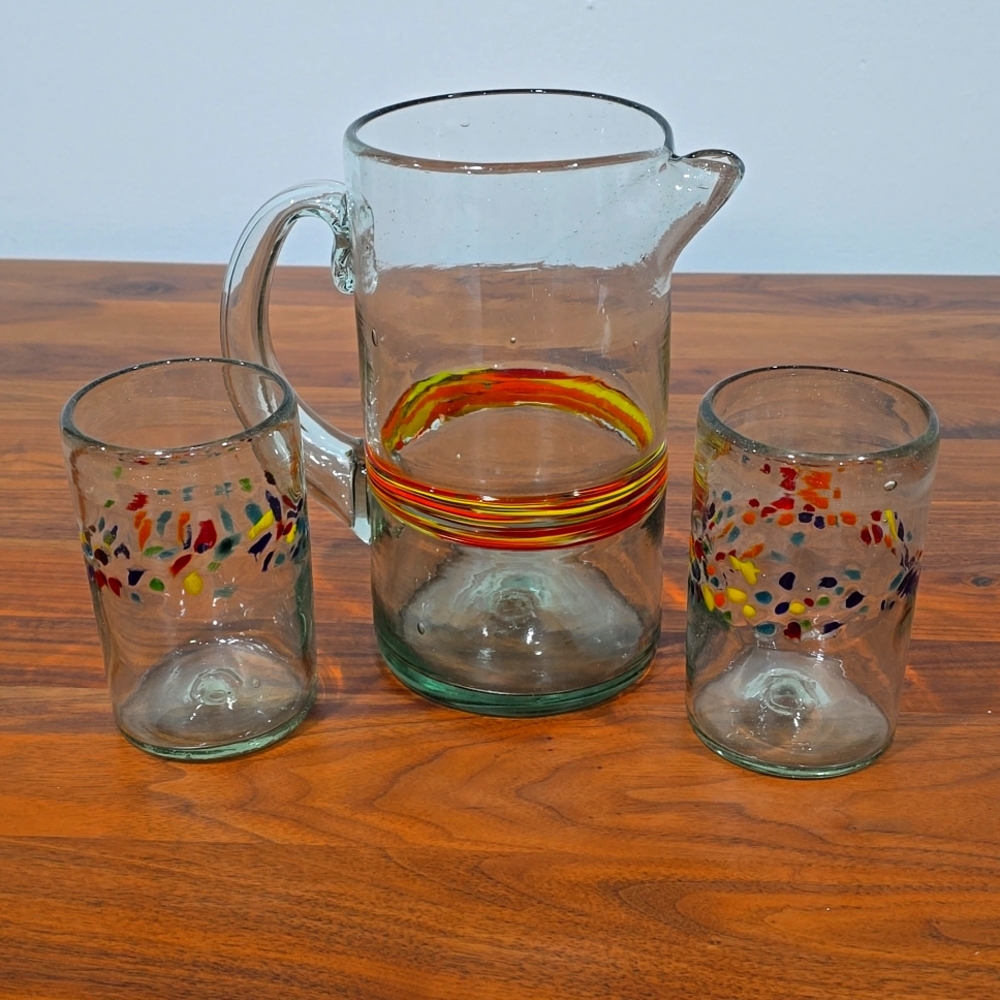 Mexican Bubble Glass Pitcher and 2 Cups